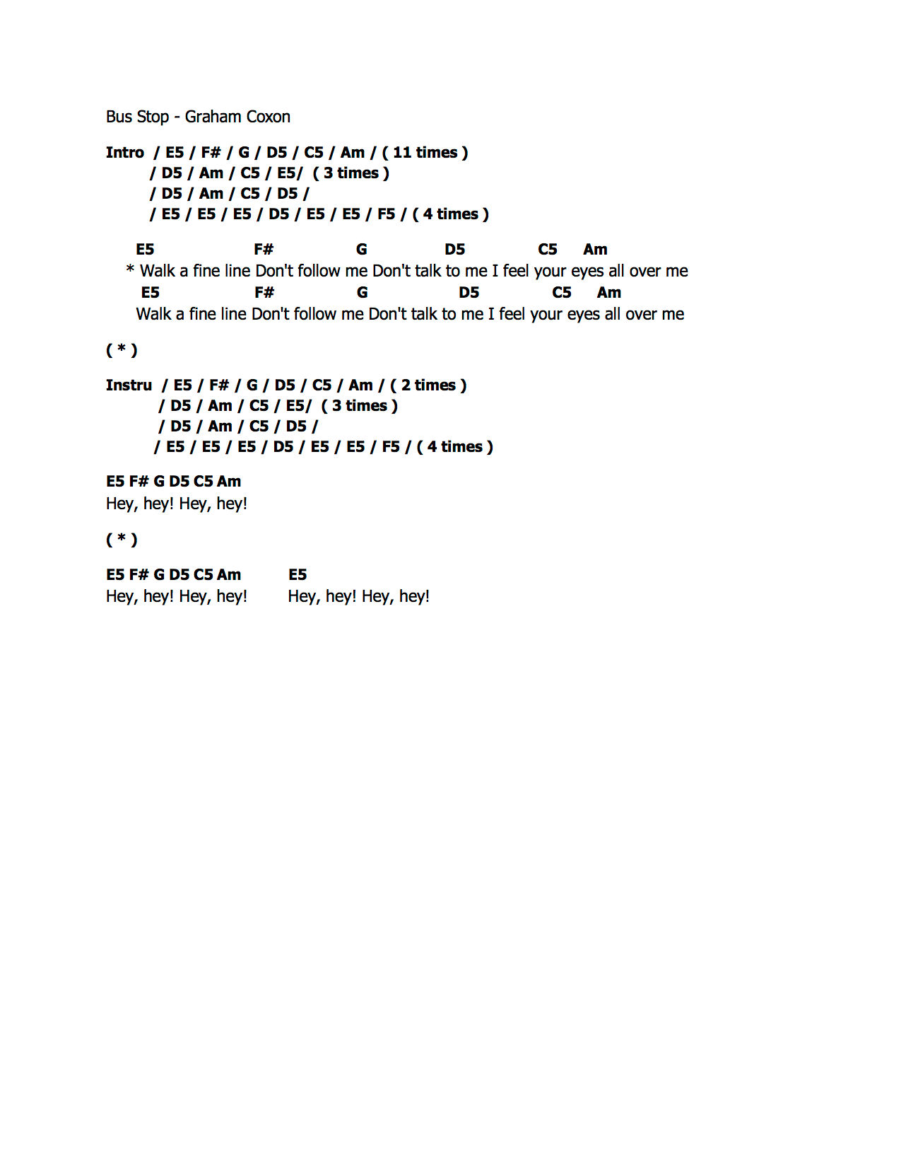 Bus Stopคอร์ด คอร์ด Bus Stop Graham Coxon