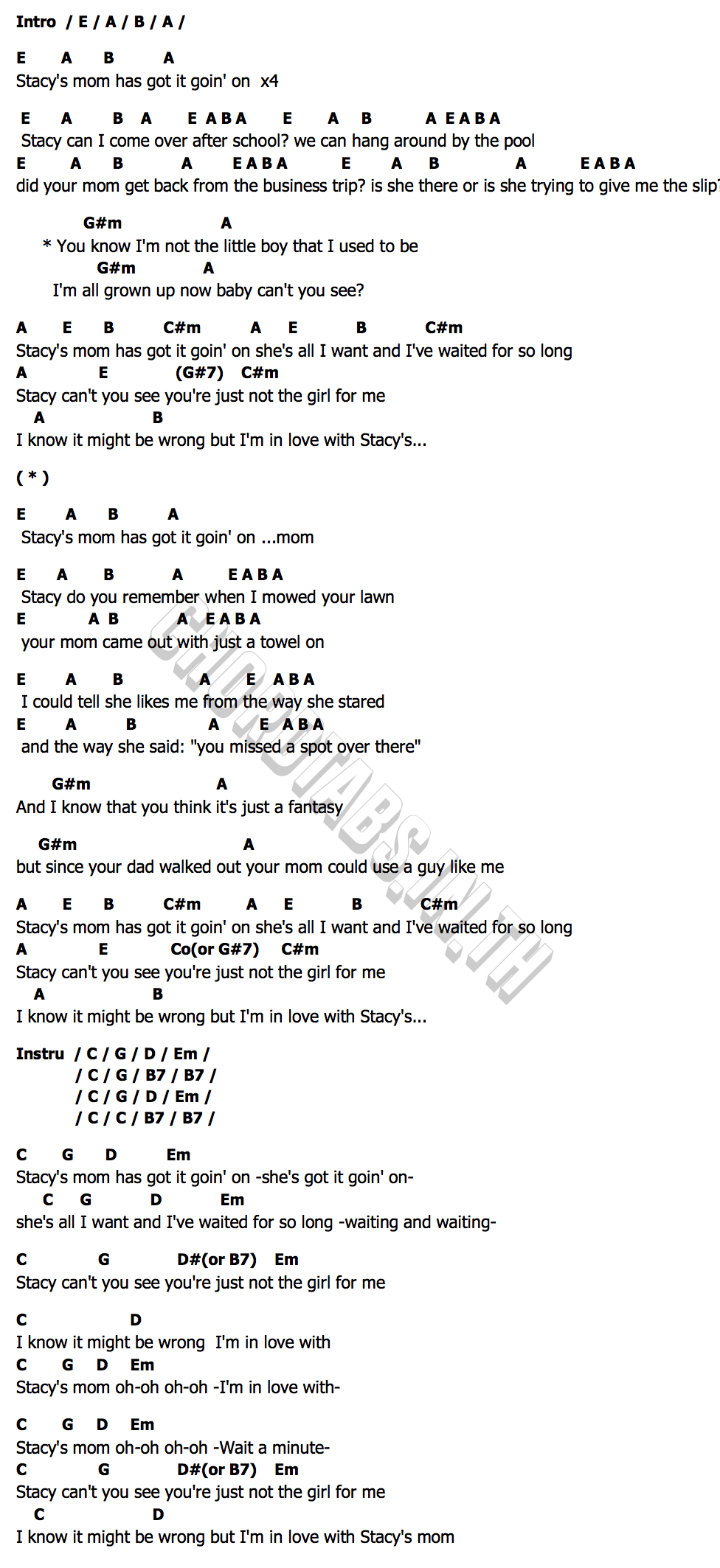 Stacys Momคอร์ด คอร์ด Stacys Mom Fountains of Wayne