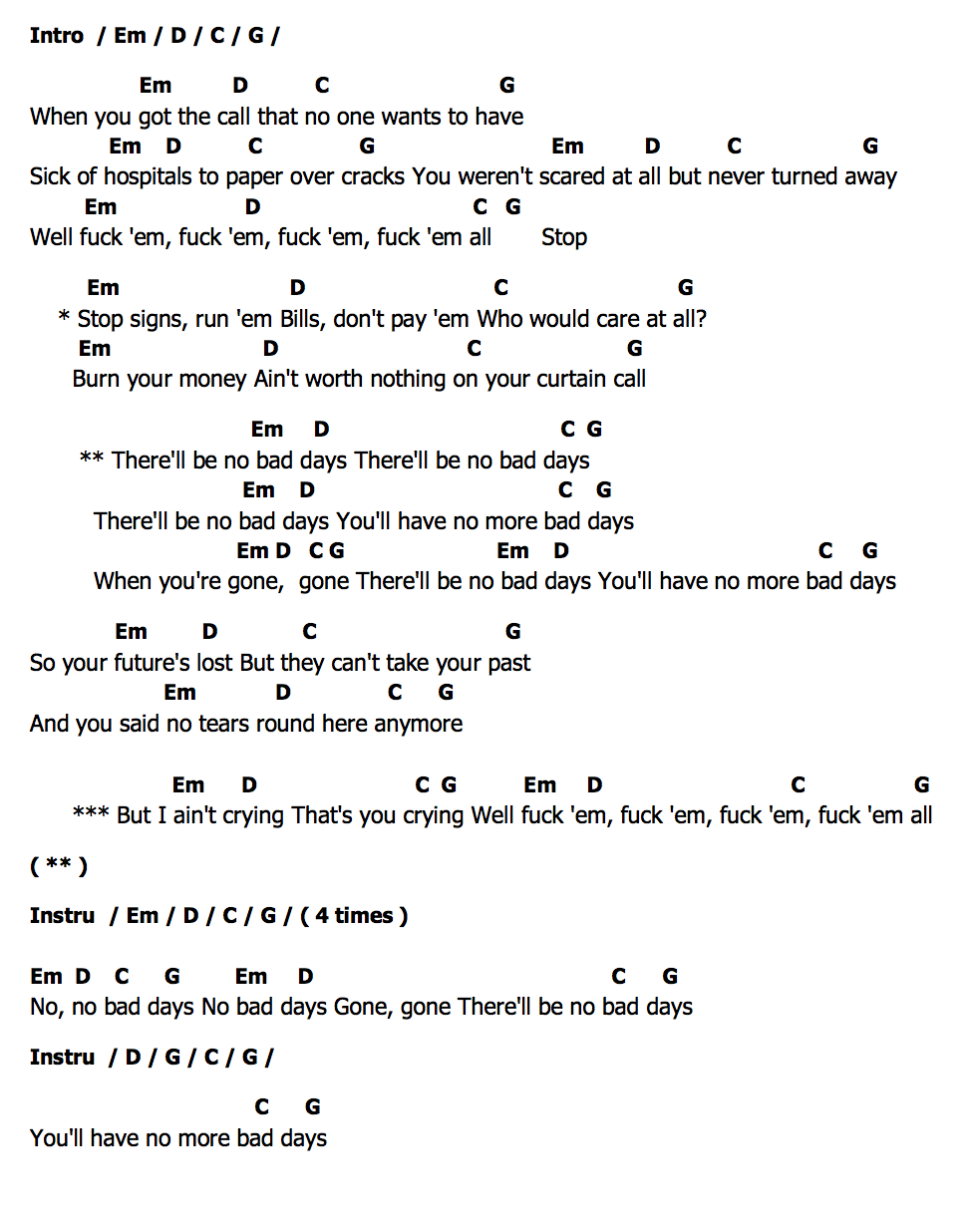 No Bad Daysคอร์ด คอร์ด No Bad Days Bastille