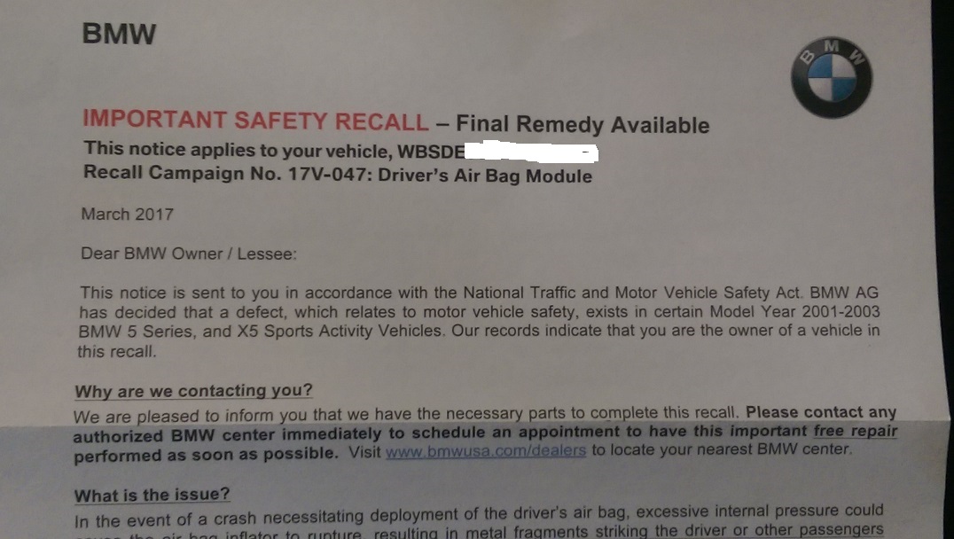 Here We Go Again BMW Airbag Recall