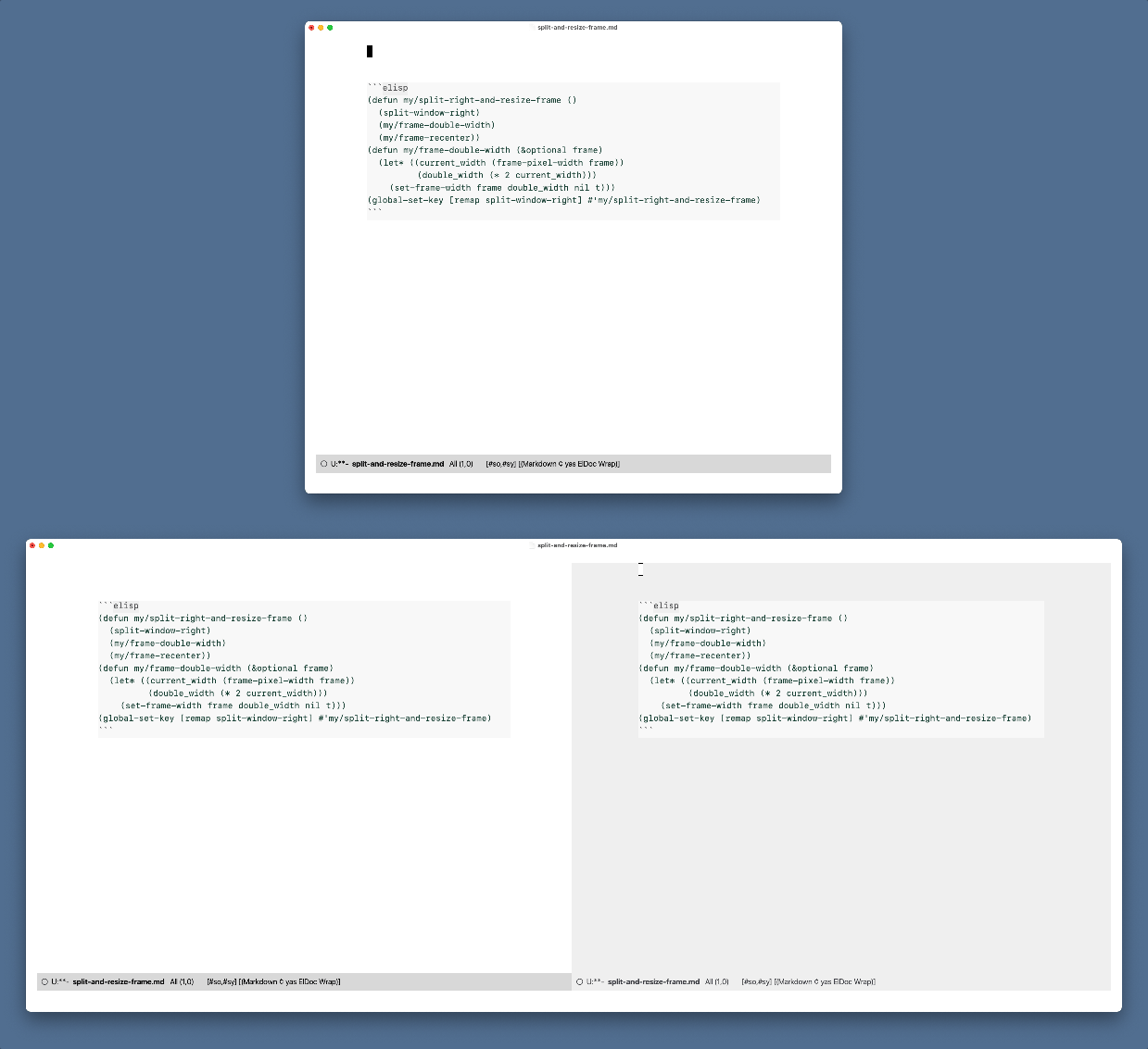 Split Window in Emacs and Resize and Recenter Frame to Make Room