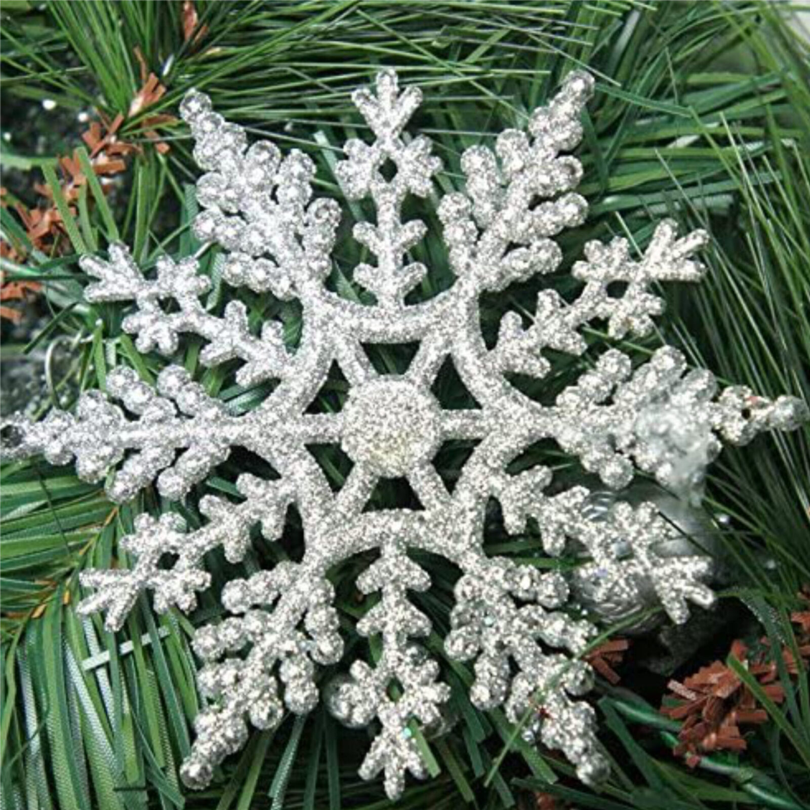 12 x Silver Glitter Snowflake Shape Hanging Ornament Christmas Tree