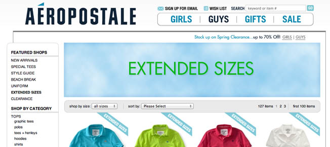 Aeropostale Size Charts