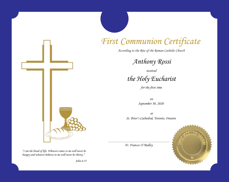 Roman Catholic Certificate of First Communion you do the printing