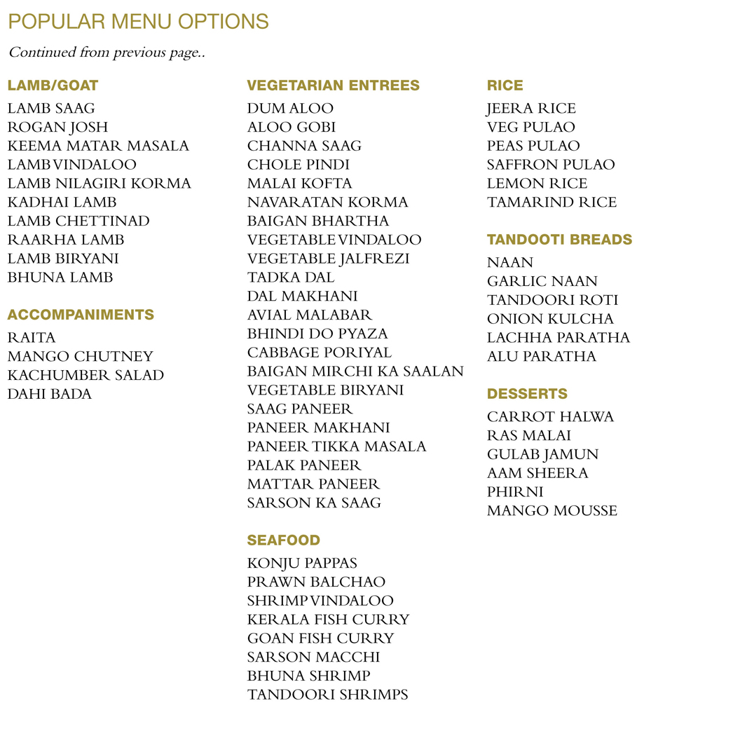 Popular Menu Components Chutney Masala Indian Catering