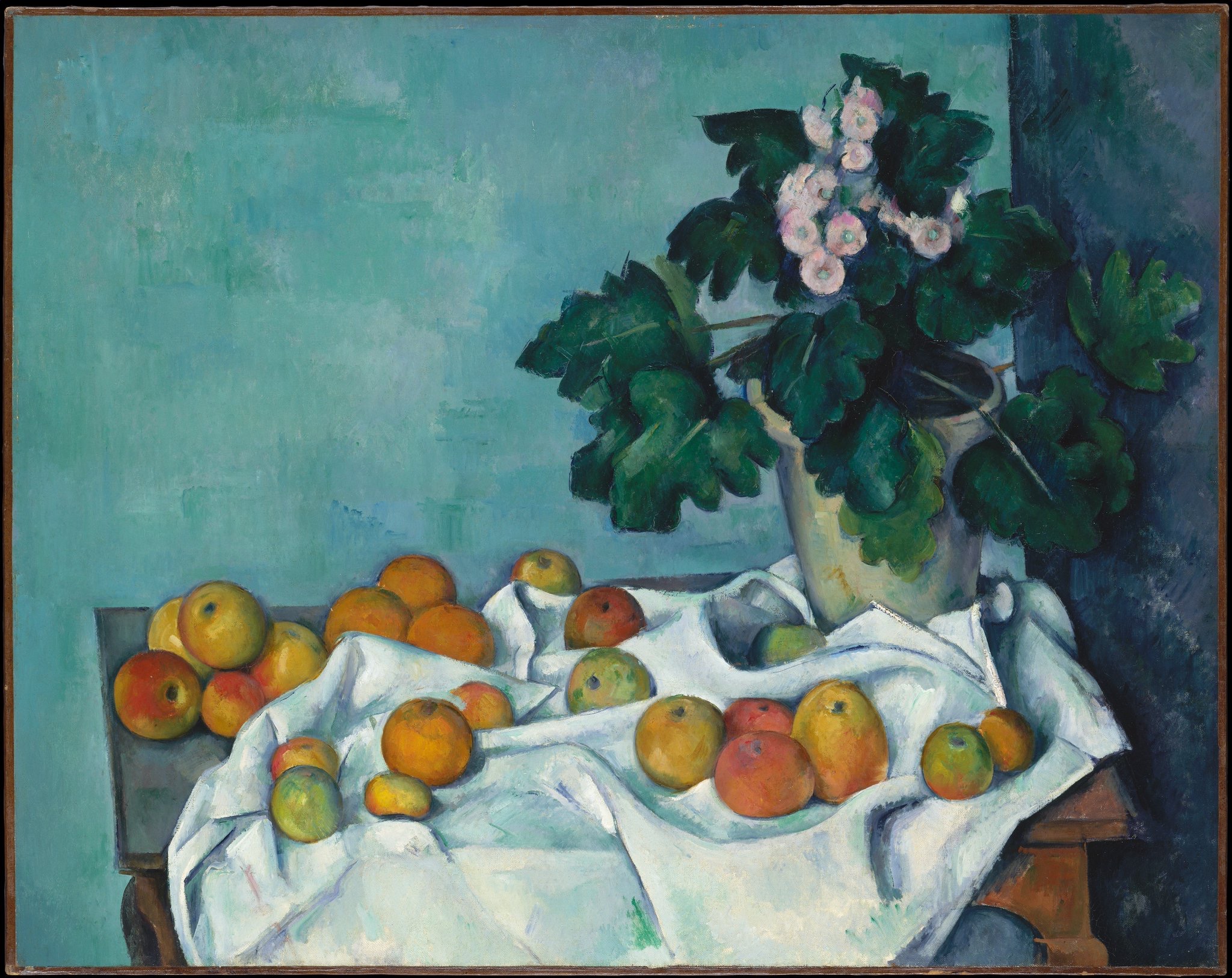 Still Life with Apples and a Pot of Primroses, by Paul Cézanne, circa