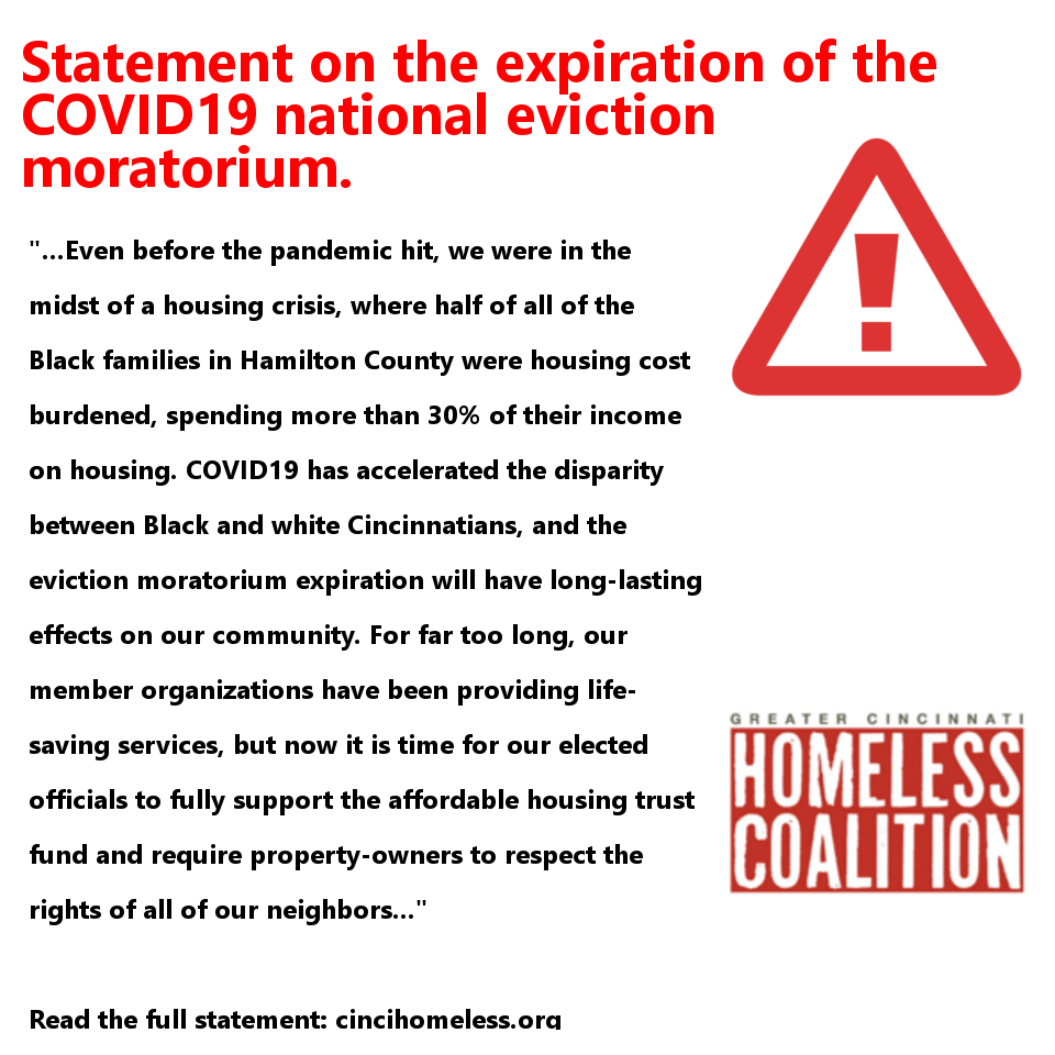 Statement on COVID19 Eviction Moratorium Expiration Greater Cincinnati Homeless Coalition