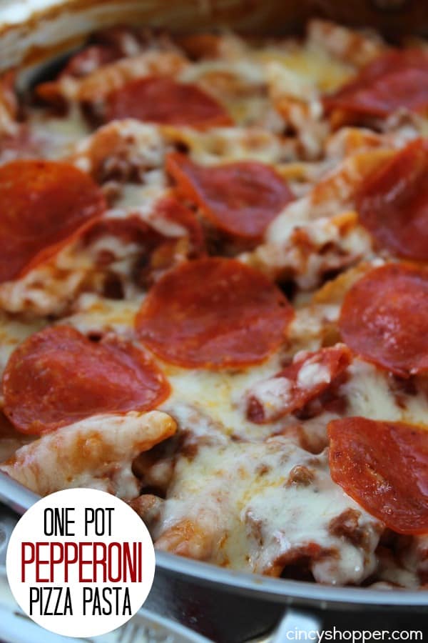 One Pot Pepperoni Pizza Pasta- Super Simple and inexpensive too. All the flavors of your favorite pizza in a pasta dish. All ingredients can be purchased at Aldi for under $8 and feed a larger family. 