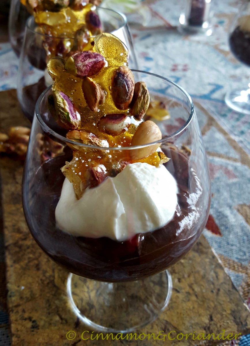 Mexican Chocolate Pudding with Pistachio & Salted Caramel Brittle