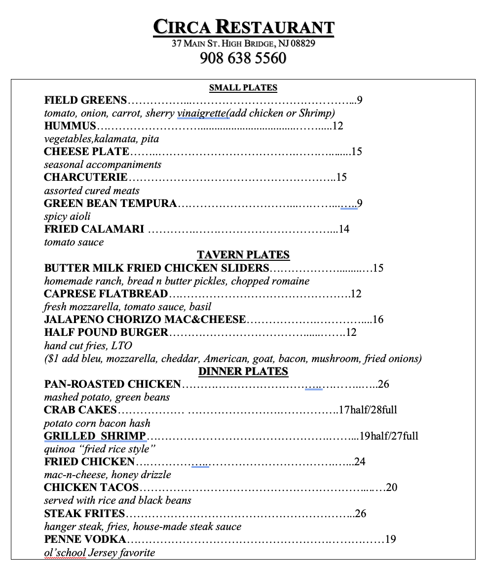 About us Circa Restaurant