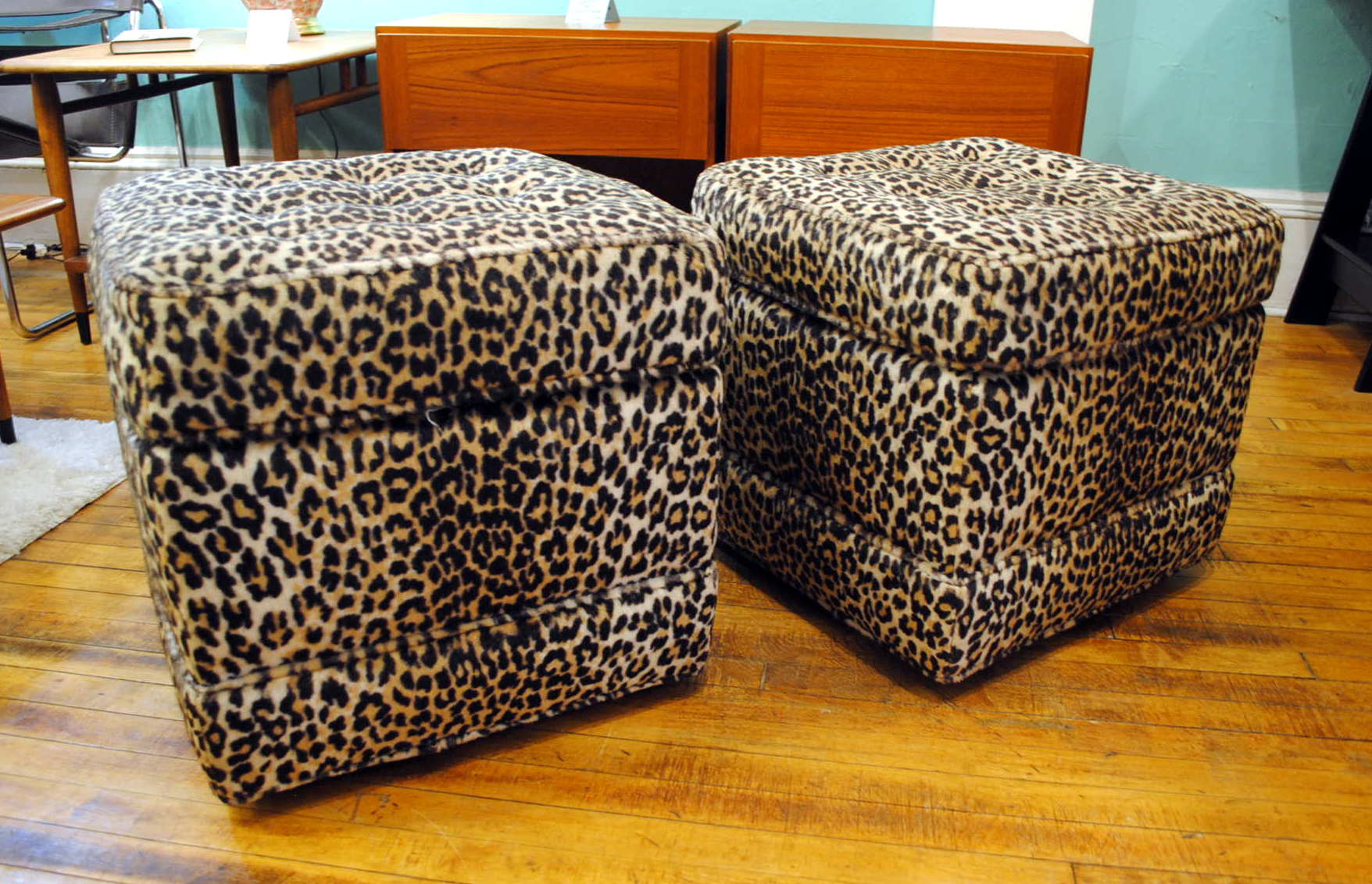 Pair of Vintage Tufted Ottomansleopard print Circa