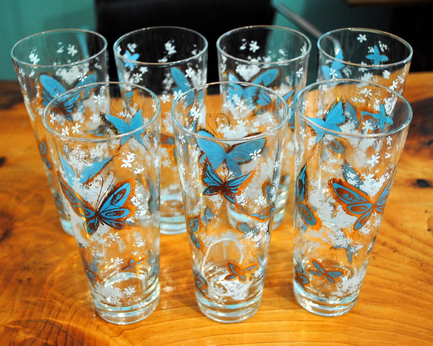 Vintage Butterfly Drinking Glassesset of 7 Circa