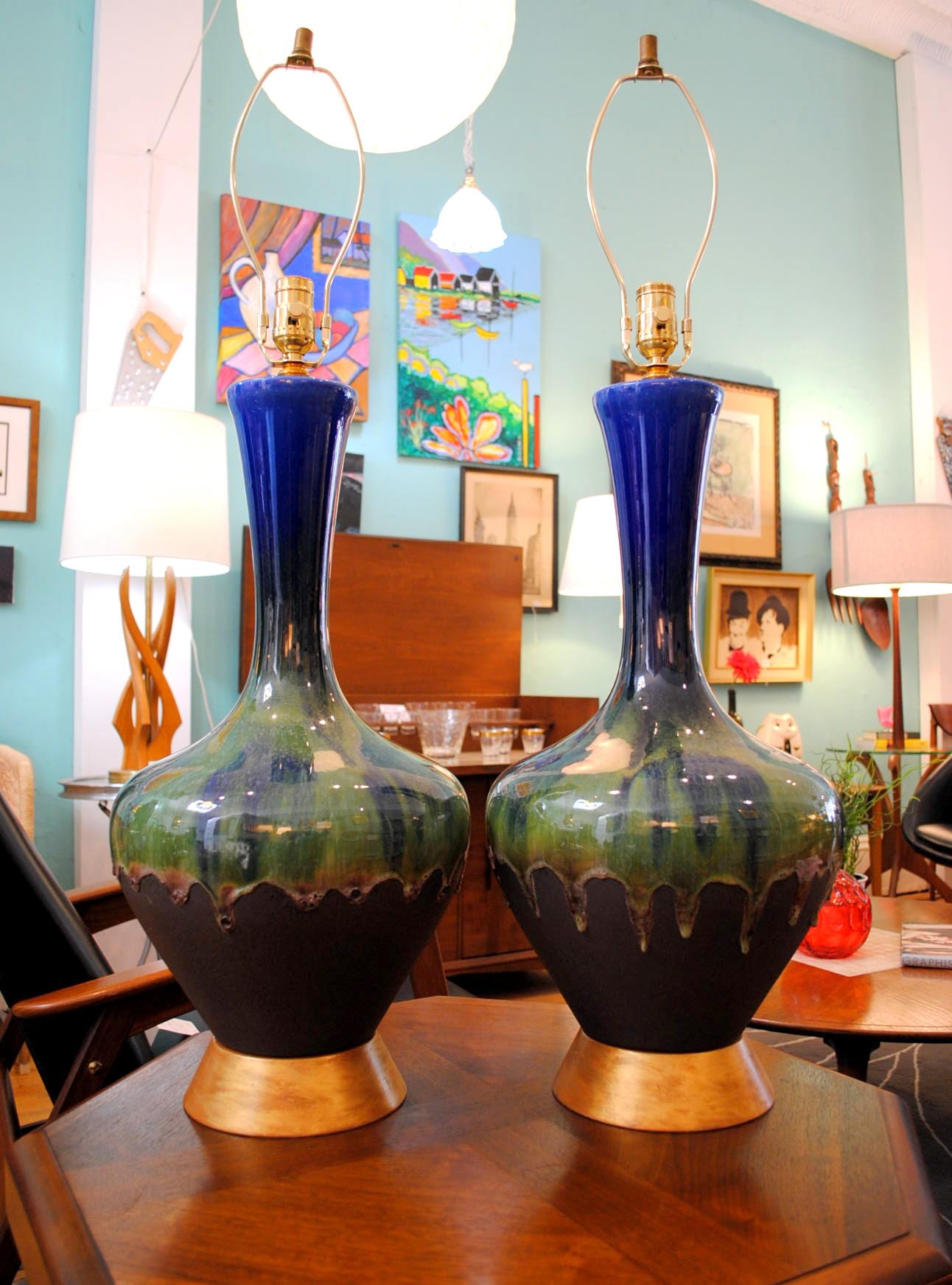 Large Pair Mid Century Blue/Green Drip Glaze Table Lamps Circa