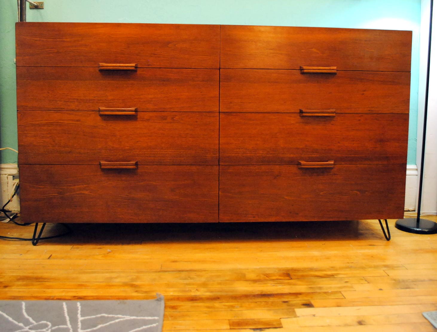Large Teak 8 Drawer Dresser on hairpin legs by Ramseur Furniture 1950