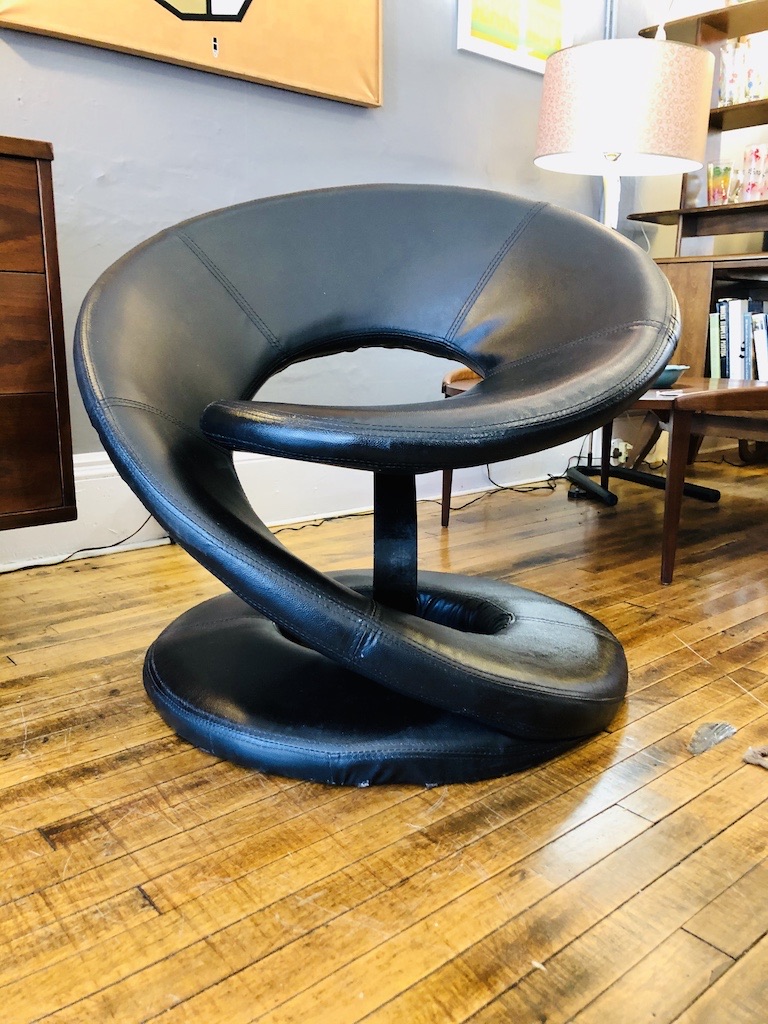 Mid Century Jaymar Spiral Corkscrew Ribbon Chair in Black Leather Circa