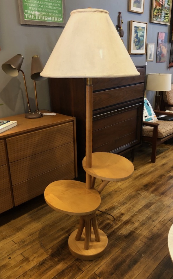 Vintage Maple and Rattan Floor lamp w/attached tables Circa