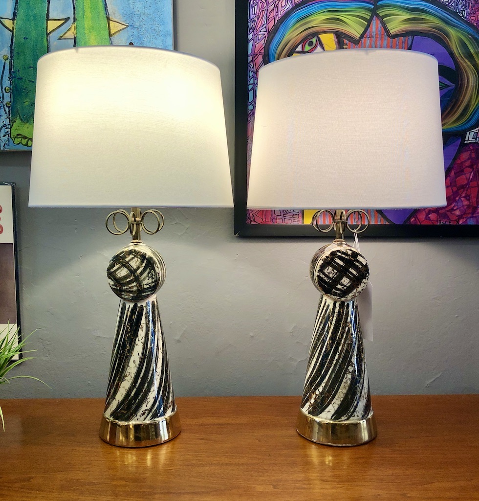 Pair of Vintage Black & Gold Glass/Ceramic Table Lamps Circa