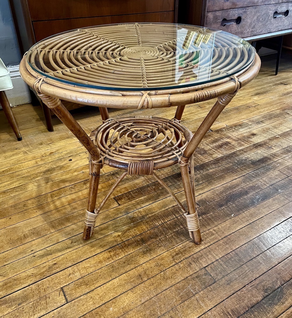 Vintage Rattan Side Table w/Glass Top 1960s Circa