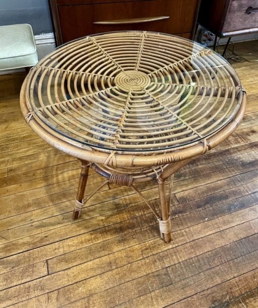 Vintage Rattan Side Table w/Glass Top 1960s Circa