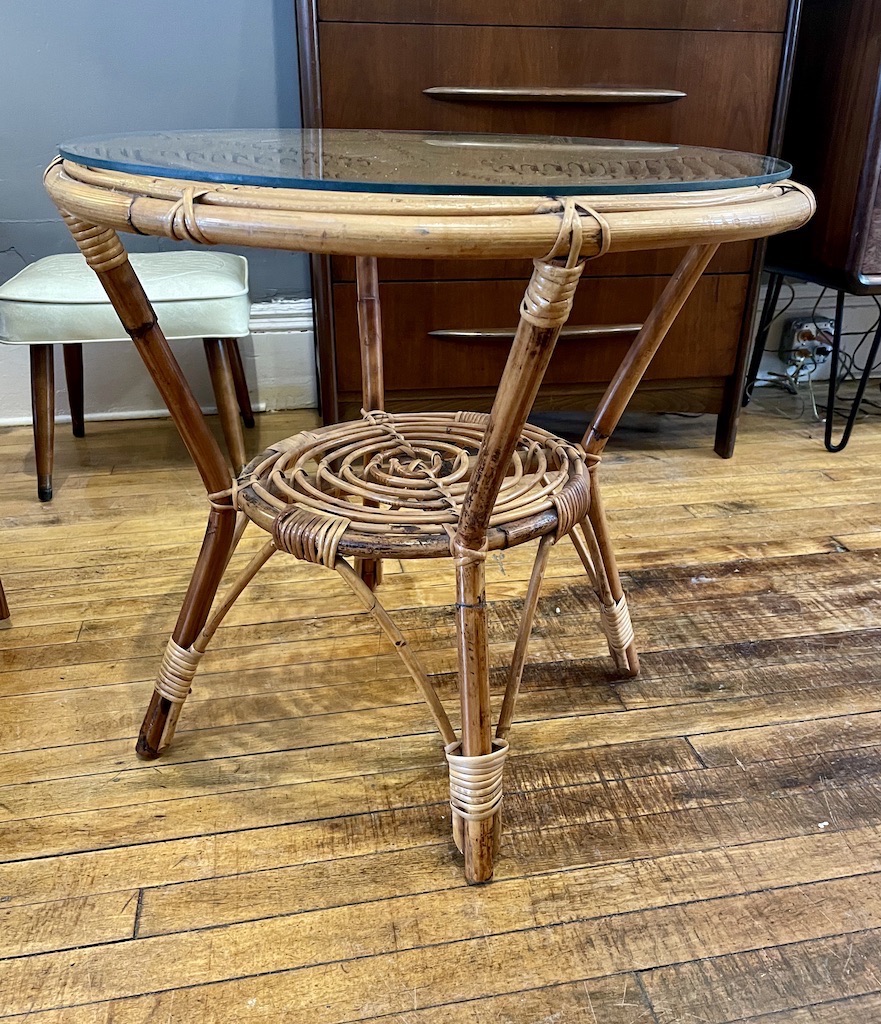 Vintage Rattan Side Table w/Glass Top 1960s Circa