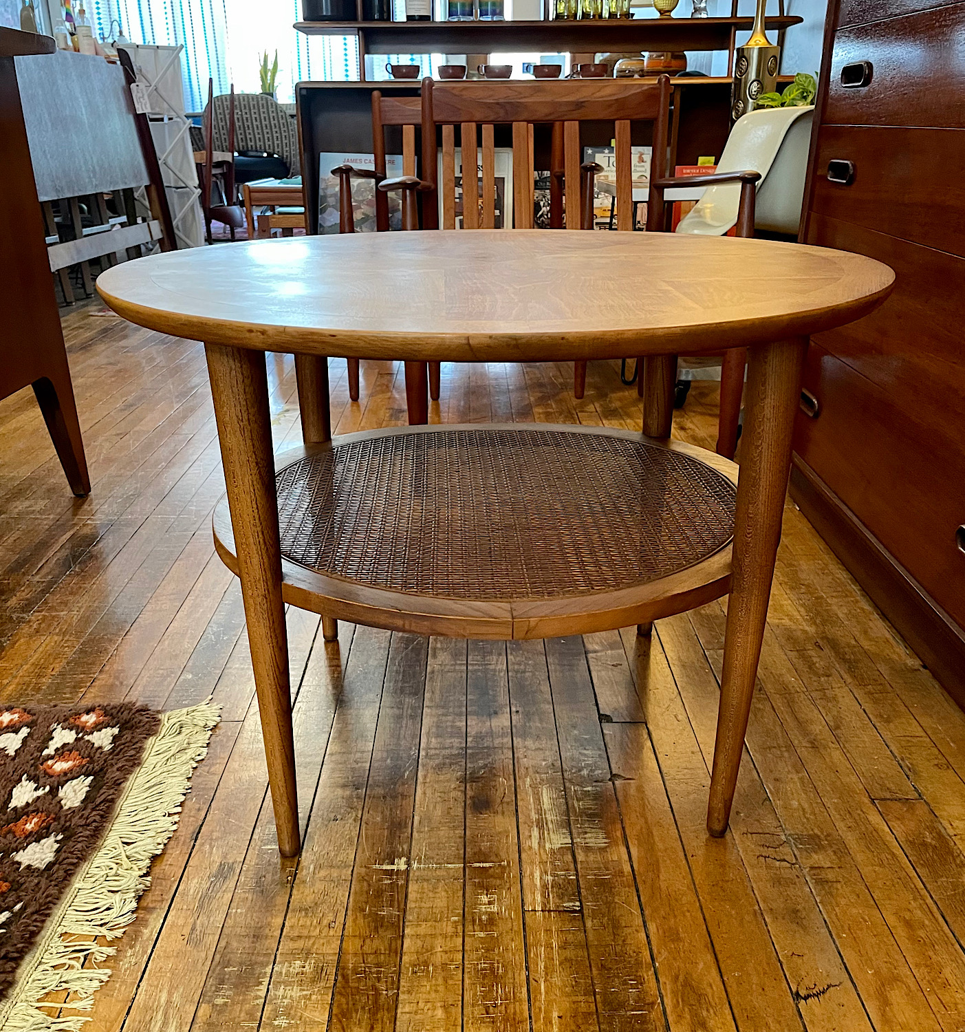 Vintage Round Lane Occasional Table w/Caned Shelf Circa