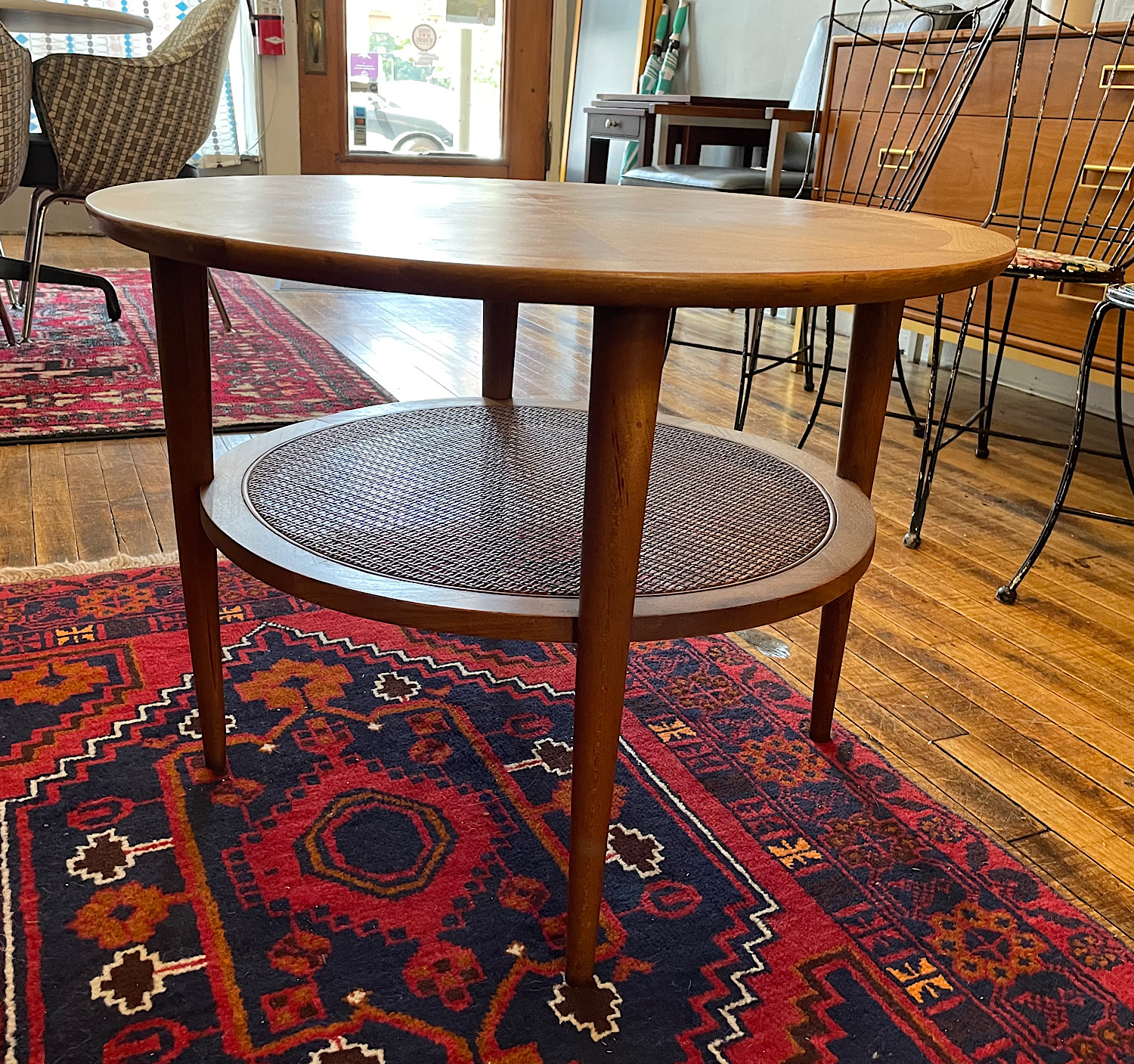 Vintage Round Lane Occasional Table w/Caned Shelf Circa