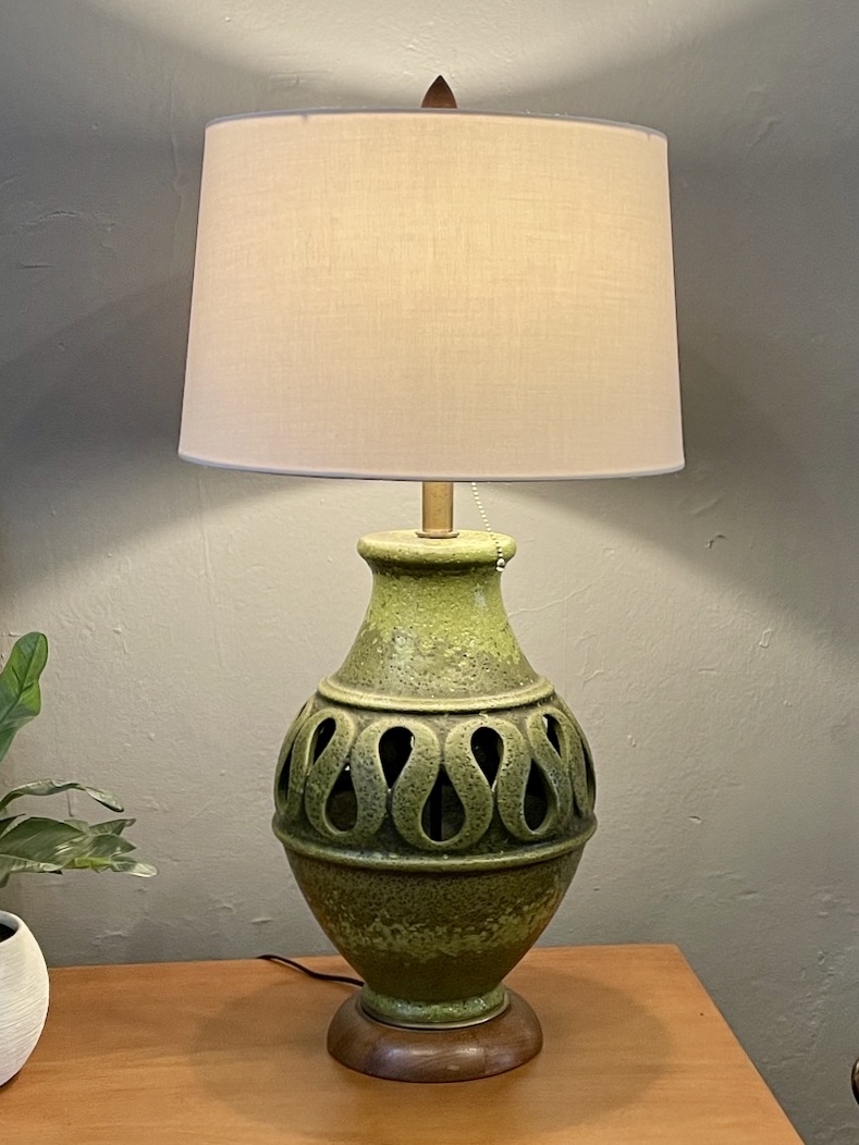 Large 1970s Green Pottery Lamp Circa