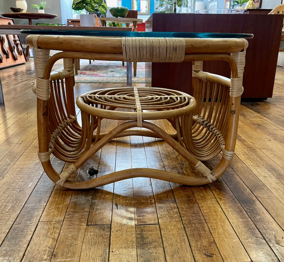 Vintage Rattan Side Table with Thick Glass Top and shelf Circa