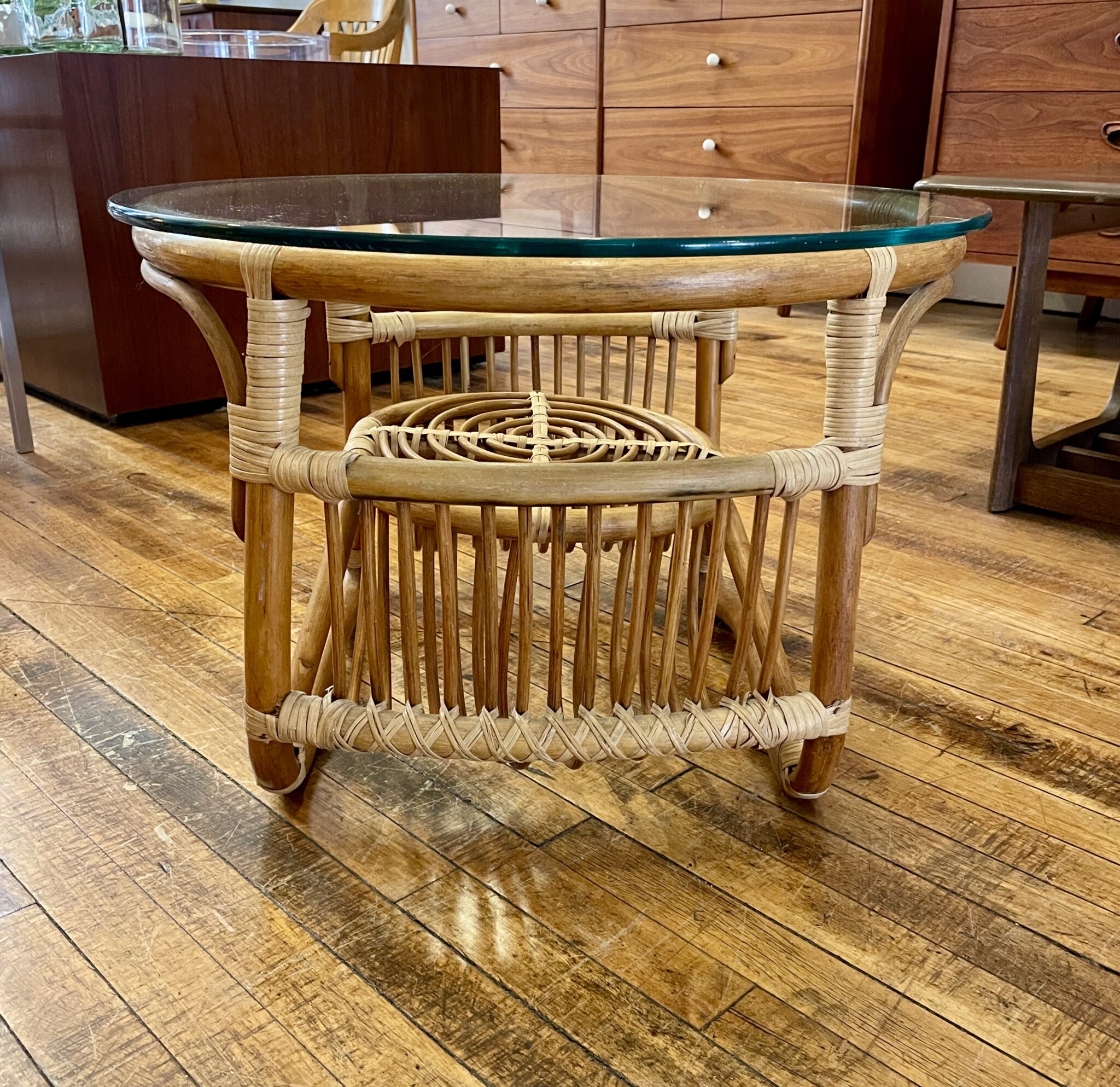 Vintage Rattan Side Table with Thick Glass Top and shelf Circa