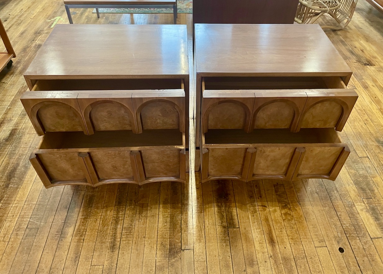 Pair of Mid Century Nightstands in Walnut & Burl Circa