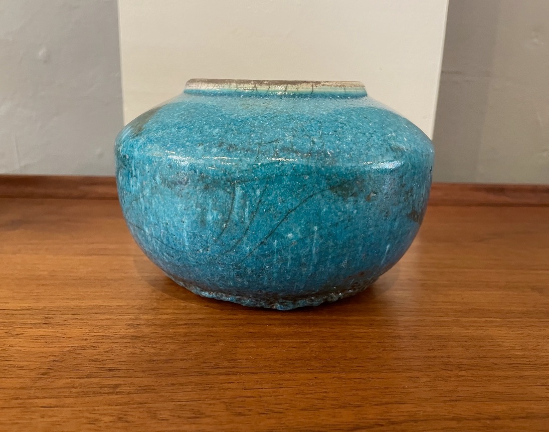 Vintage Turquoise Glazed Pottery Vase signed on bottom Circa
