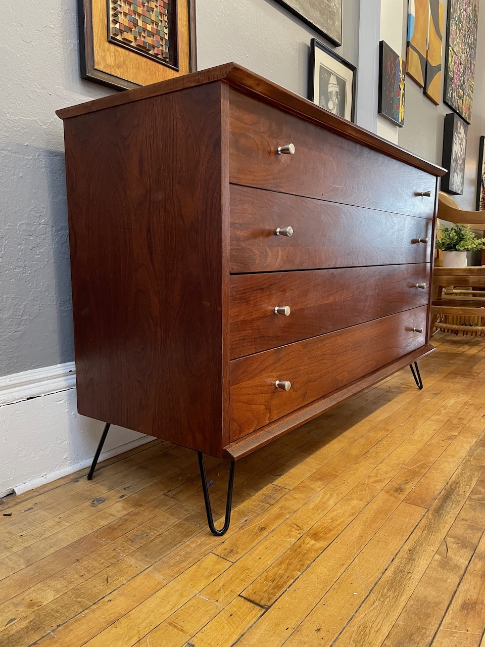 Mid Century Walnut 4 Drawer Low Dresser on Hairpin Legs Circa