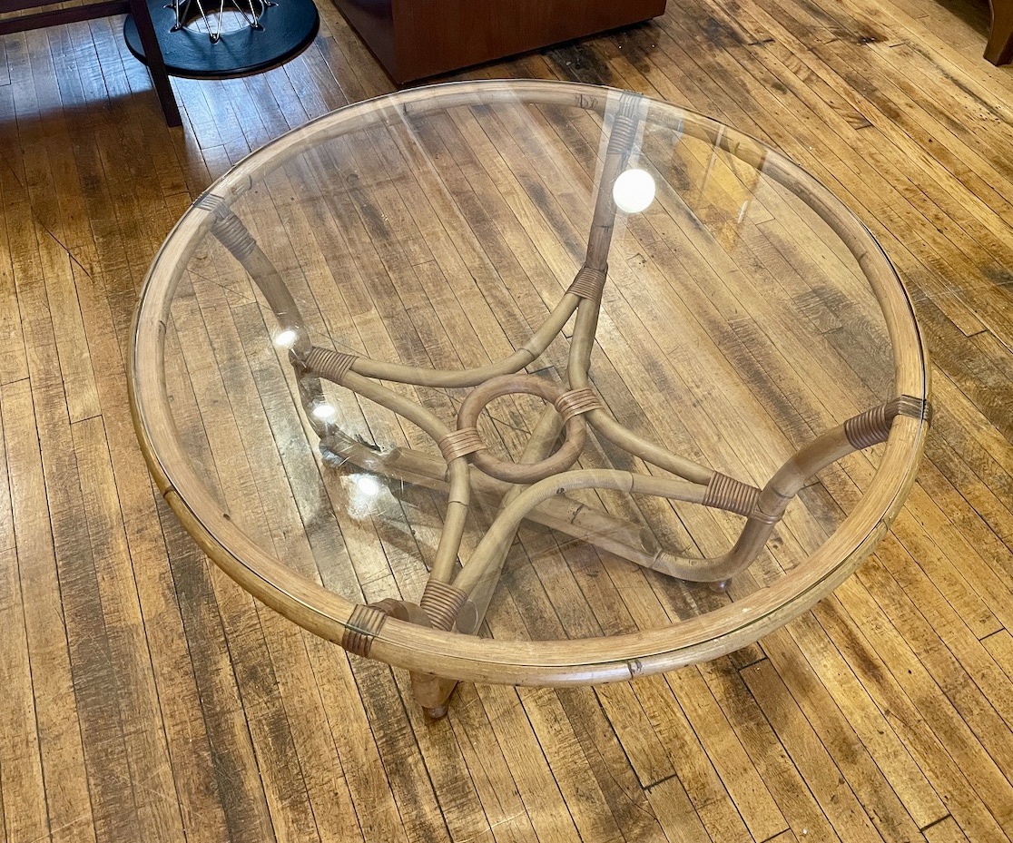 Vintage Rattan Coffee Table with Glass Top Circa