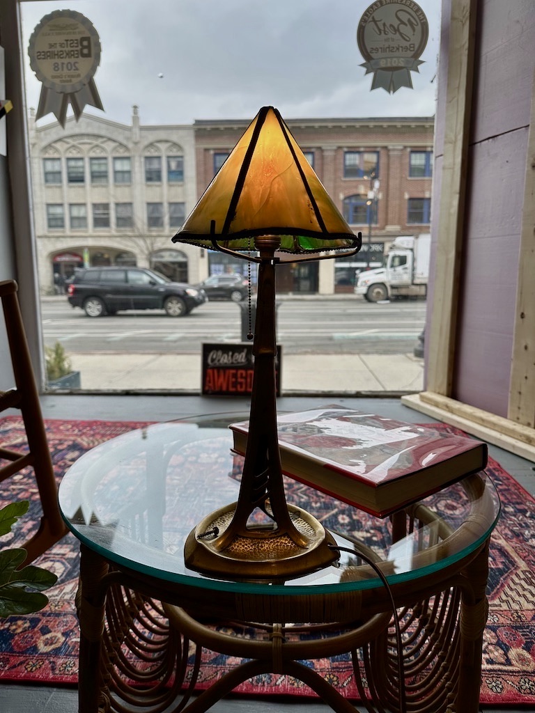 Brass Art Nouveau Table Lamp w/slag glass shade Circa