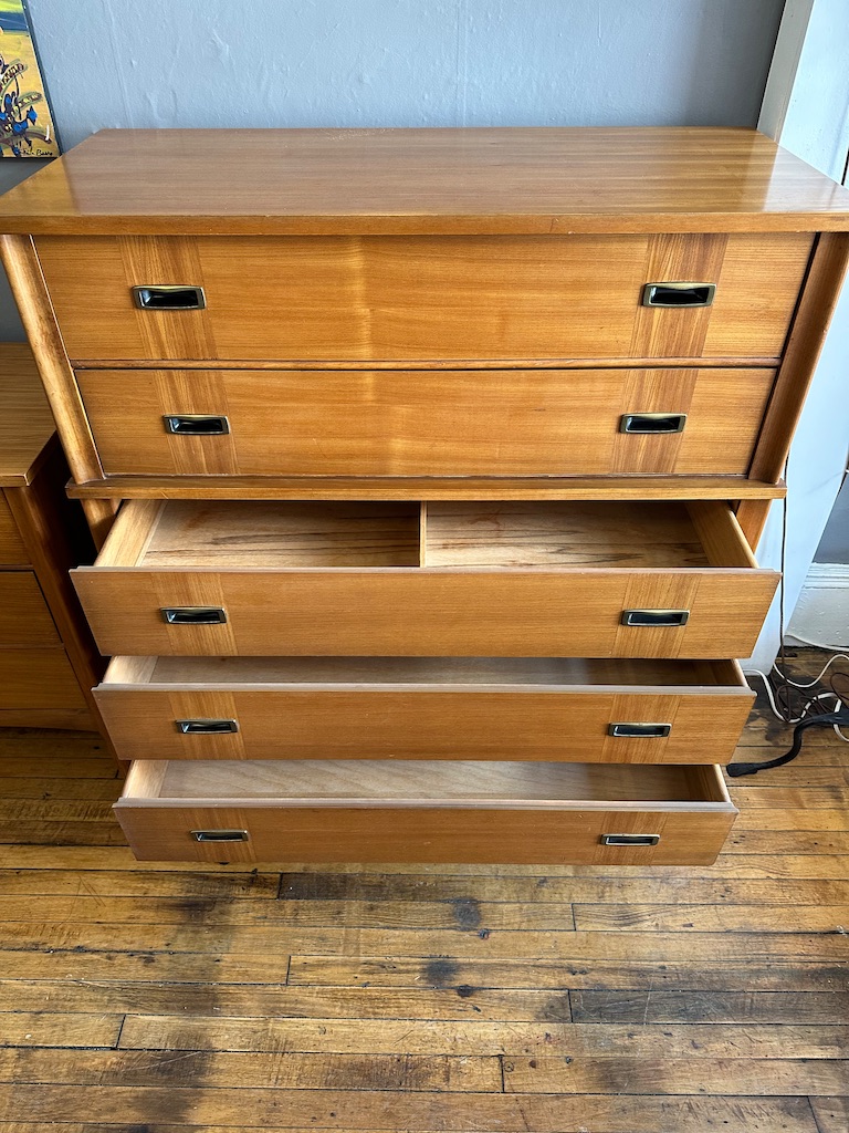 Mid Century Elm & Walnut Highboy Dresser Circa