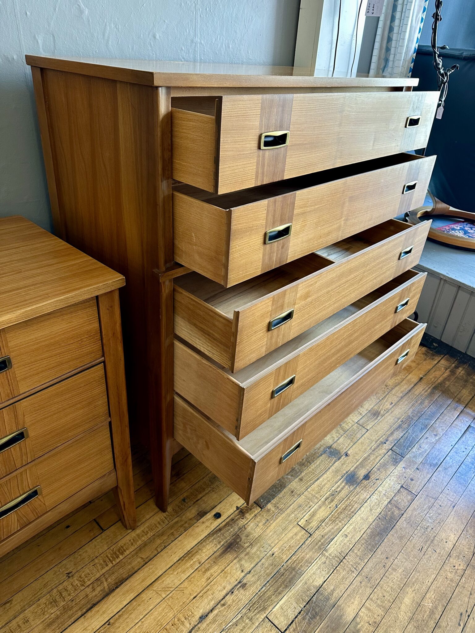 Mid Century Elm & Walnut Highboy Dresser Circa