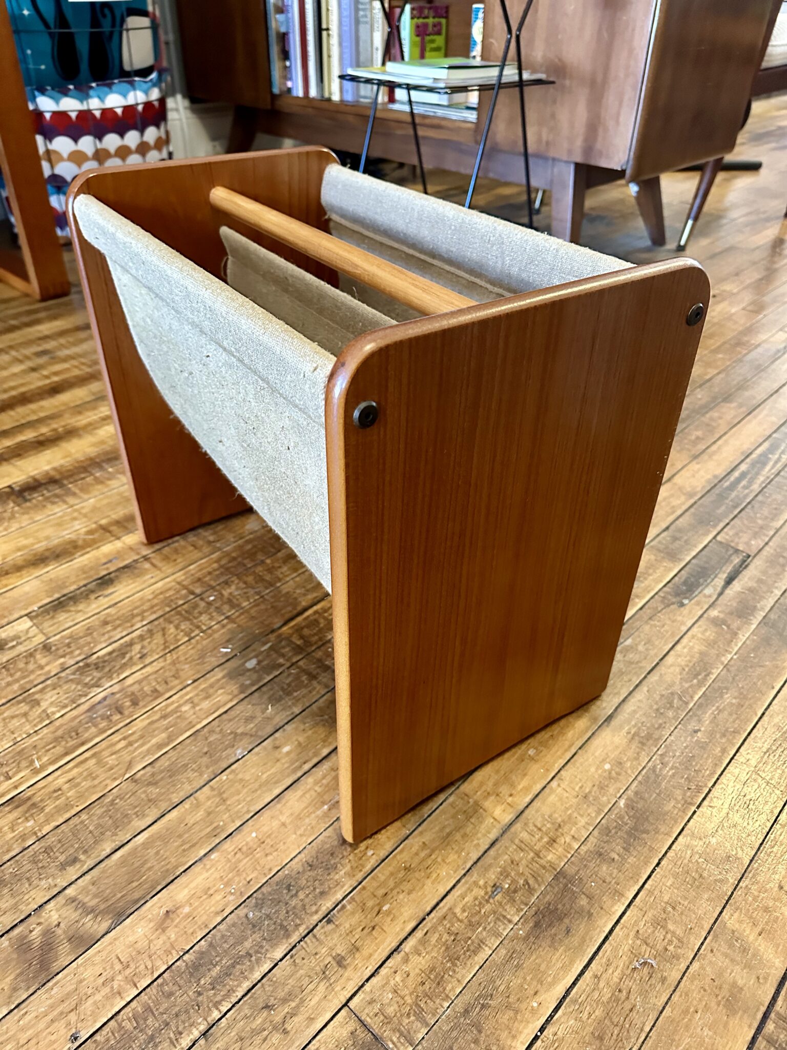 Danish Teak & Canvas Magazine Holder Circa