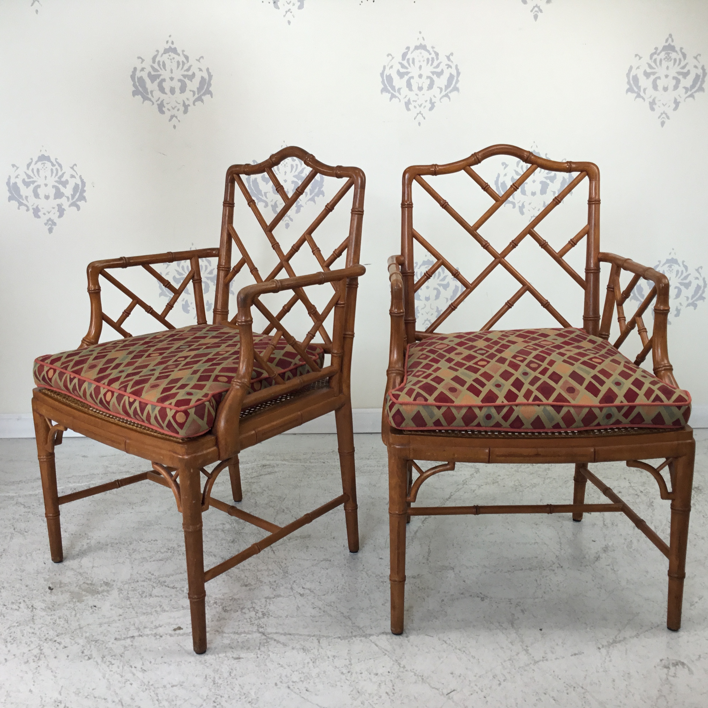 Pair of Faux Bamboo Chippendale Arm Chairs Circa Who
