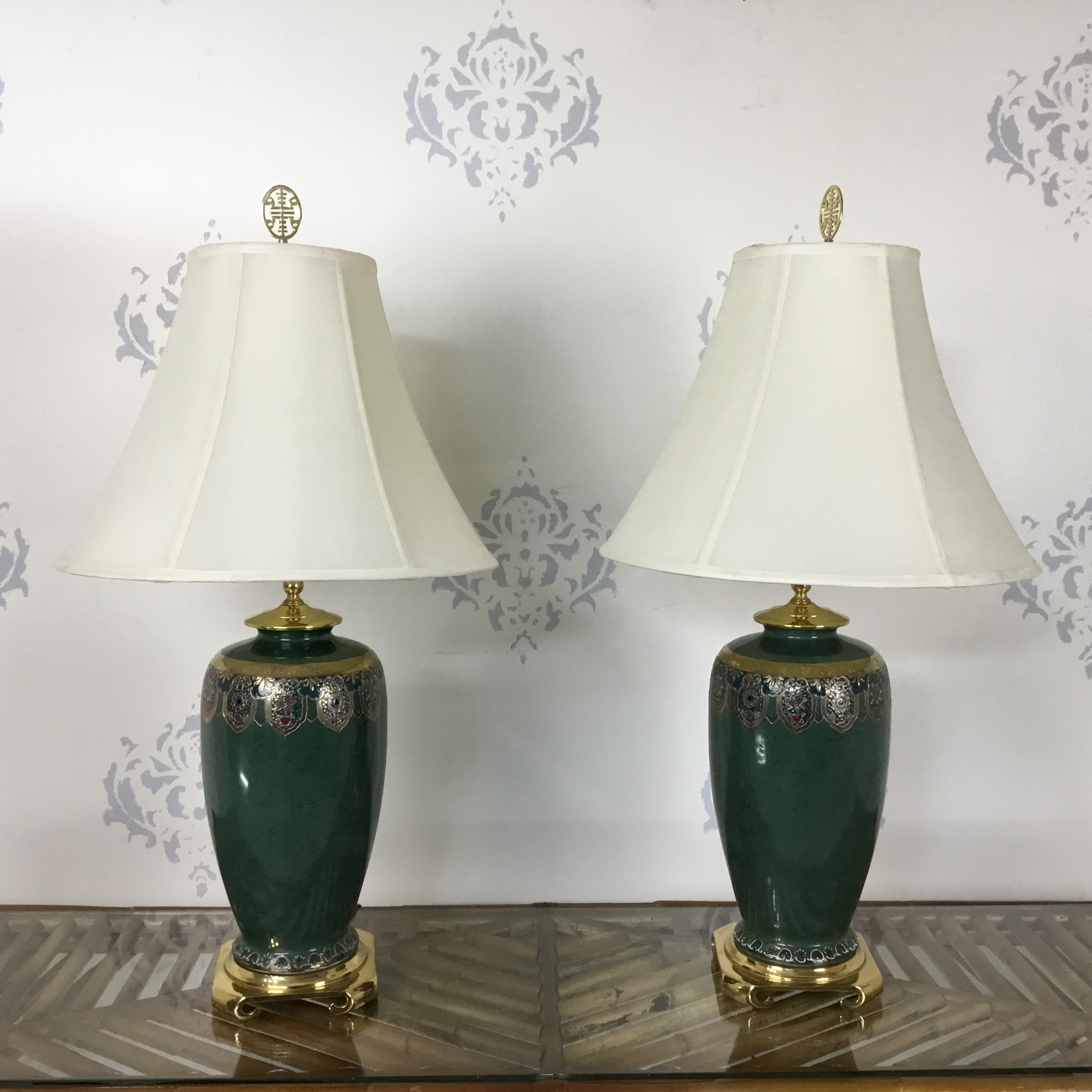 Pair of Green Porcelain Lamps Circa Who