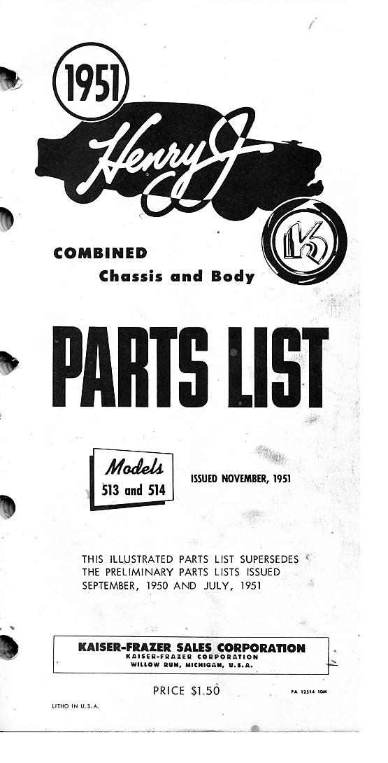KFPA580 1951 Henry J Parts List