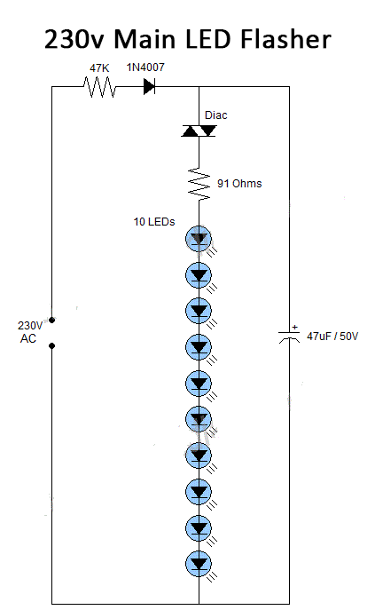 Simple 230V Mains 10 LED Flasher