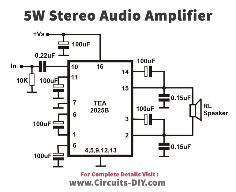 Stereo Audio Amplifier 5w Circuit Using Tea2025 Ic