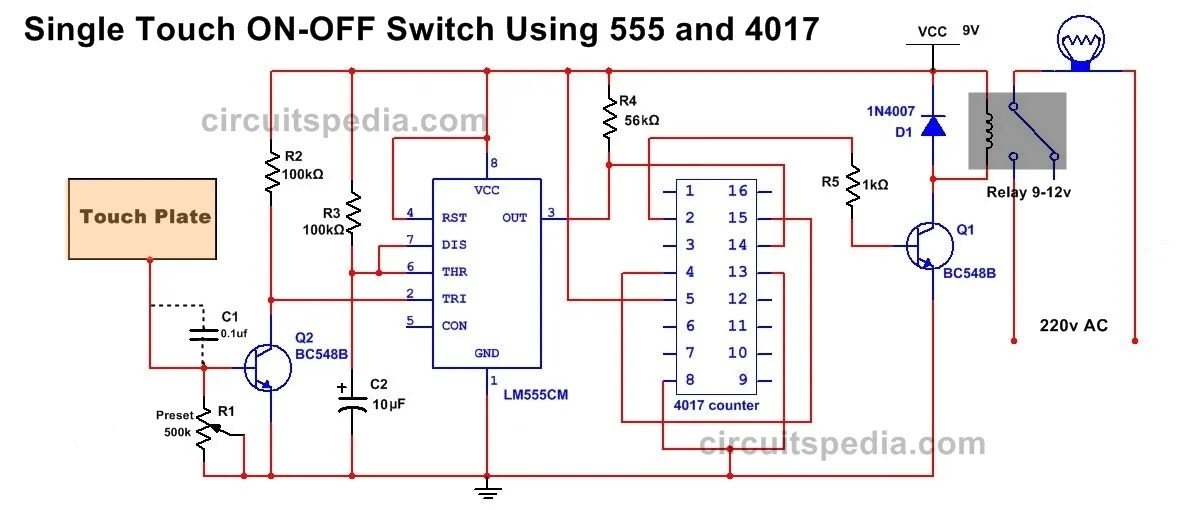 Touch Sensor Using 555 Timer Ic Circuit Diagram