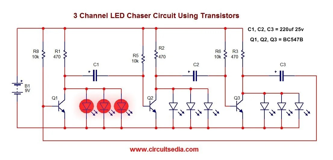 Led Chaser Flasher Circuit Blinking Diagrm Using Transistor