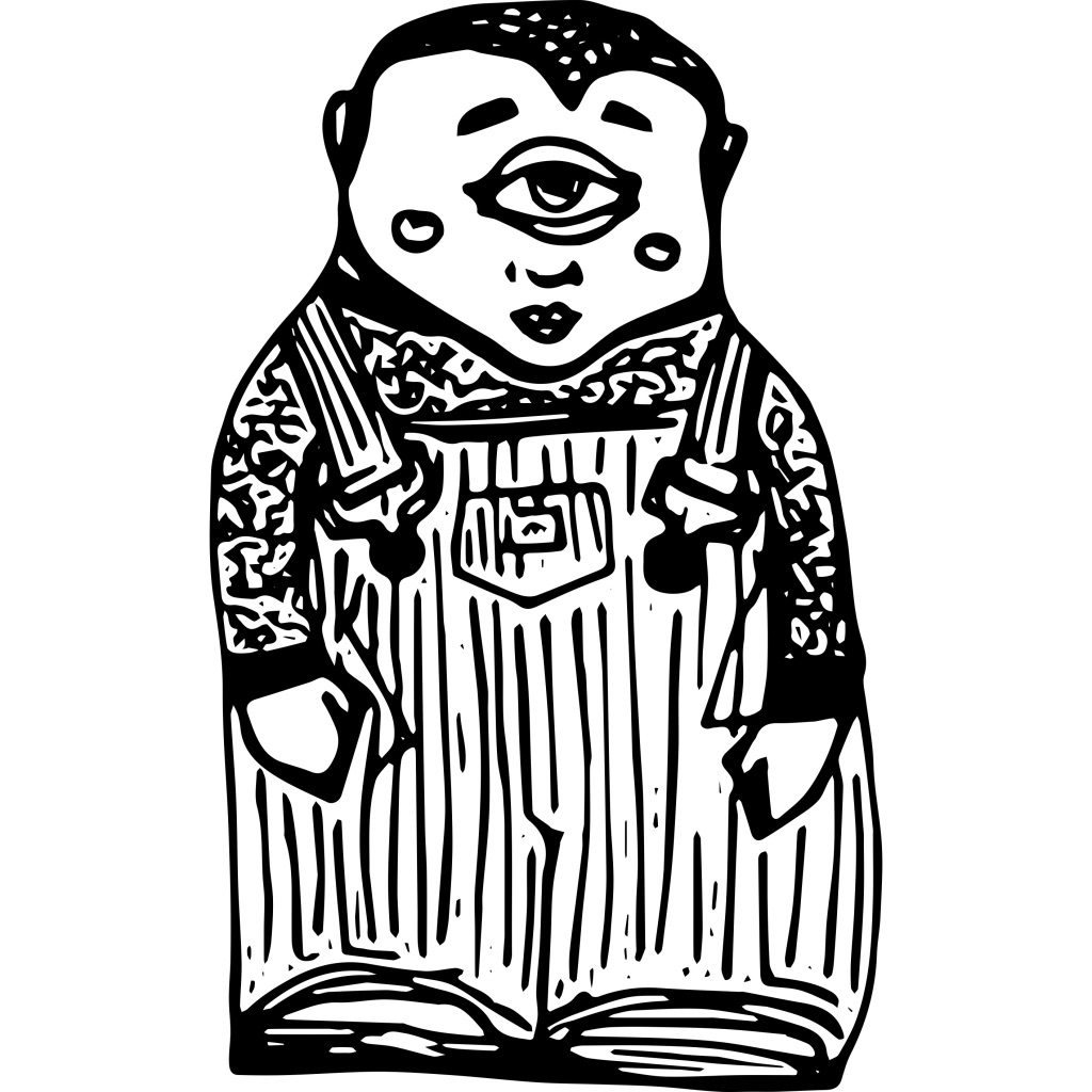 A one-eyed figure wearing overalls.
