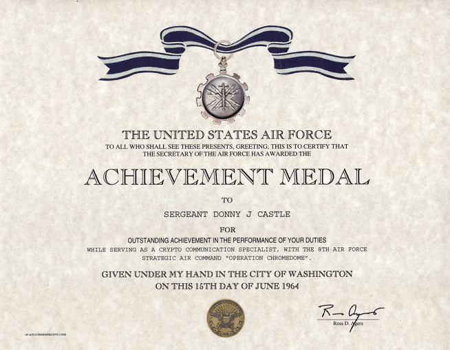 Air Force Achievement Medal Certificate, Air Force Achievement Medal