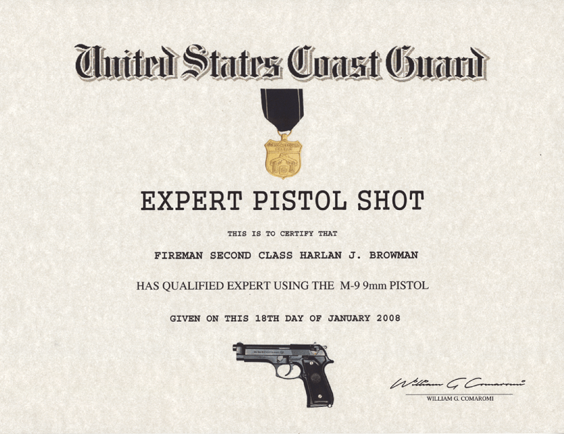 coast guard expert Pistol badge, Certificate