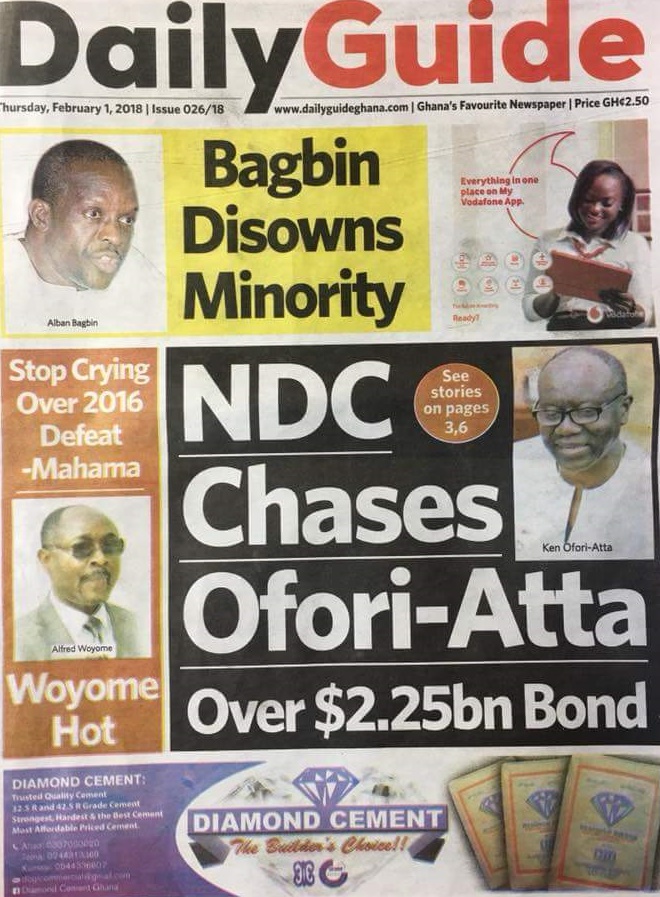 Newspaper headlines Thursday,February 1, 2018