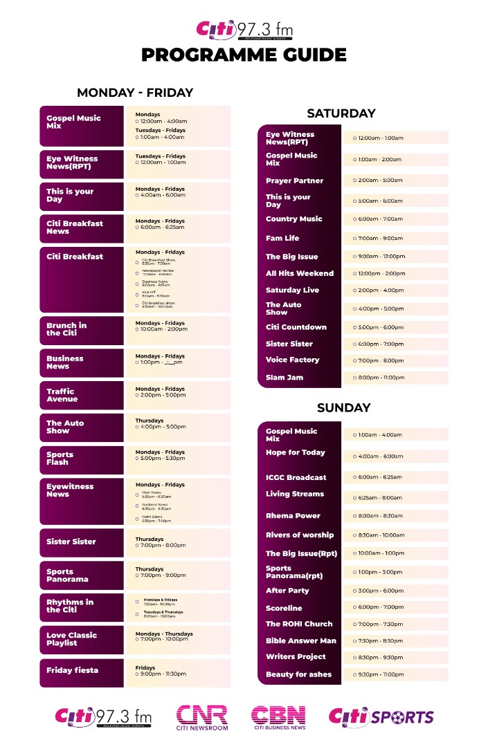 Schedule Citi 97.3 FM Relevant Radio. Always