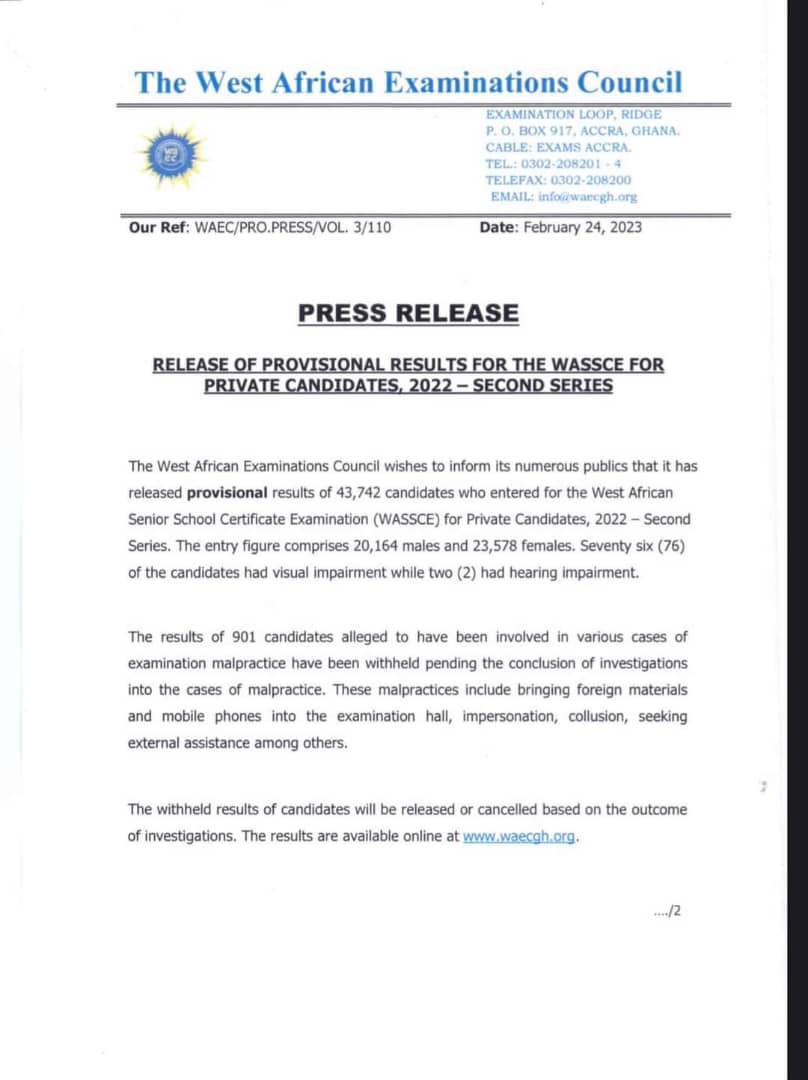 WAEC releases 2022 private WASSCE results The Ghana Guardian News